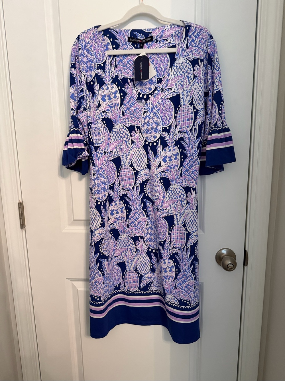 Barbara Erickson  Navy and Pink Pineapple-Print Midi Dress